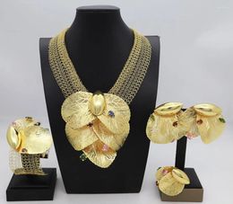 Necklace Earrings Set Dubai Gold Plated Women Jewelry Colorful Leaf Pendant Created Stone Nigerian Wedding Bijoux