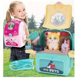 Pet Care Play Set Doctor Kit for Kids Pretend Vet Dog Grooming Toys Puppy Feeding Backpack 240416