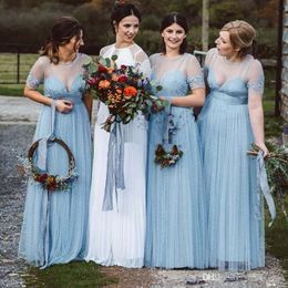 2021 açık mavi nedime elbiseler kısa kollu tül taban uzunluğu spghetti kayışları dantel aplike mücevher boyun hizmetçisi onur elbisesi vestido