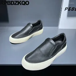 Casual Shoes Soft Round Toe Plain Trainers Skate Sport Trend Korean Sneakers Athletic Flats Slip On Men Cow Leather Rubber Sole Solid