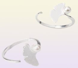 Antique Silver ginkgo leaf Plant Opening Finger ring for Women lady Elegant Wedding rings Imitation Pearl Lovely Gift22170248652593