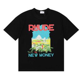 Fashion Rhuder Brand Designer Clothes Fashion Windows Castle Coconut Tree Window Landscape Leisure Loose Short Sleeved Tshirt for Men with 1:1 Logo