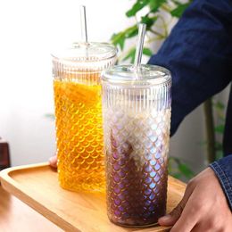 Tumblers 720ml Corrugated Glass Cup Transparent Glasses With Lid and Straw Ice Coffee Mug Tea Juice Milk Water Drinkware H240506