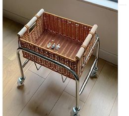 Kitchen Storage Rattan Weaving Snack Toy Shelf Home Living Room Bedroom Rack Mobile Small Cart Organising Organiser Basket