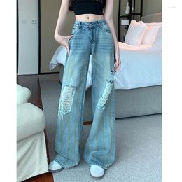 Women's Jeans Vintage Denim Tassel Drift Wide Ripped Women Loose Casual Baggy Pants Girl 2024 Light Blue Trousers Female