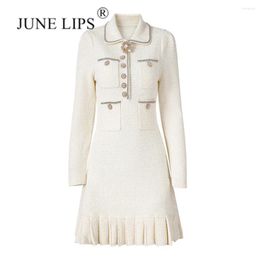 Work Dresses JUNE LIPS 2024 Spring/Summer High Quality Heavy Industry Polo Collar Button Pleated Long Sleeved Knitted Dress For Women