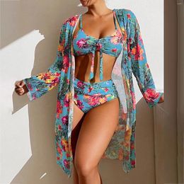 Women's Swimwear High Waist Bikinis 2024 Sexy 3 Piece Bikini Set Cover Up Swimsuit For Women Long Sleeve Push Beach Wear Bathing Suit