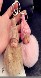 12 color Cute Sleeping Baby Doll Keychain Pompom Rabbit Fur Ball Key Chain Car Keyring Women Key Holder Bag Pendant Charm Accessor1416280