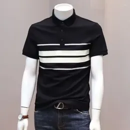 Men's Polos Streetwear Fashion Men Slim Black White Stripe Polo Shirts Korean Clothing Summer Lapel Business Casual Short Sleeve Tops