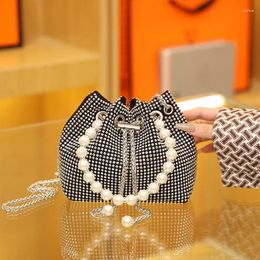 Evening Bags Pearl Chain Handle Rhinestones Clutch Bag Luxury Silver Shiny Handbag Purse For Party Women Designer Shoulder Female