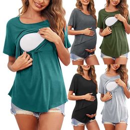 Schlaflounge neue schwangere Frauenkleidung Kurzärmeler Besatzungsausschnitt NIOD COORS ASYMMETRISCHE FLIP HALLAR Nur Krankenschwester Top Casual T-Shirtl2405