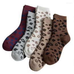 Women Socks 5 Pairs Novelty Cotton Spotted Leopard Animal Pattern Terry Thick Warm Vintage Tube Hosiery Stockings