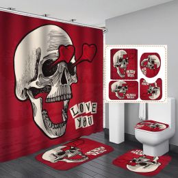 Curtains Funny Skull Skeleton Print Shower Curtain Set Halloween Festival Home Decor Bath Mat Toilet Lid Cover Flannel Bathroom Carpet