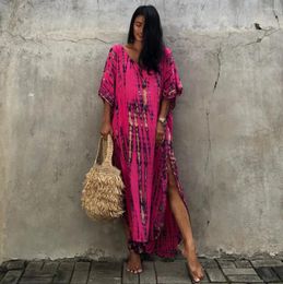 Plus Size Boho Cover Up Women's Tie Dye & Geo Print Batwing Sleeve V Neck Kaftan Beach Dress