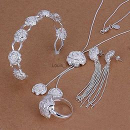Wedding Jewelry Sets 925 Sterling Silver Rose Bracelet Necklace Bead Chain Stud Earrings Ring Fashion SetsWedding Women Lady Elegance H240504