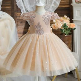 Girl's Dresses 2024 Summer Sequin Big Bow Baby Girl Dress 1st Birthday Party Gown Toddler Kids Wedding Formal Evening Princess Dresses 1-5 Yrs