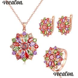 Wedding Jewelry Sets Vecalon New Flower Style Mutil Colors 5A Zircon Cz Rose Gold Filled Necklace Earringe Ring Set For Women2758367 Dhjwj