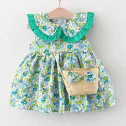 Dresses New In 2Piece Sets Summer Baby Girl Clothes Korean Cute Flowers Doll Collar Sleeveless Princess Dress+Bag Toddler Dresses BC014
