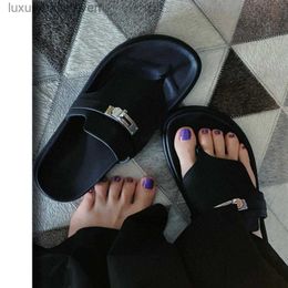 Fashion Original h Designer Slippers Sheepskin Small Gold Buckle Genuine Leather Thick Sole Half Line Flip Flops for Womens Summer Clip with 1:1 Brand Logo