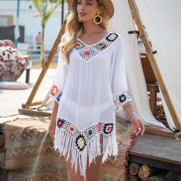 CROCHET BIKINI White Bikini Cover Up With Fringe Trim Women Sexy Hollow Tunic Beach Dress Summer Bathing Suit Beachwear 240426