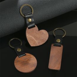 Party Favour DIY Wooden Keychain Blank Carved Leather Wood Keychain Pendant Luggage Decorative Heart Round Key Chain Keyring LT952