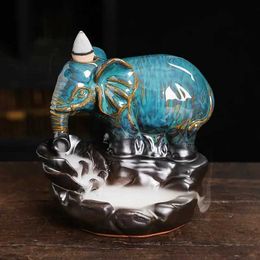 Fragrance Lamps 1pc Handicrafts Blue Elephant Backflow Incense Burner Ceramic Incense Censer Home Ornament - Without Incense T240505
