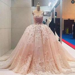 Scoop Dresses 2021 Neck Lace Pink Quinceanera Applique Beaded Sweep Train Tulle Sweet 16 Prom Ball Gown Pageant Formal Ocn Vestidos