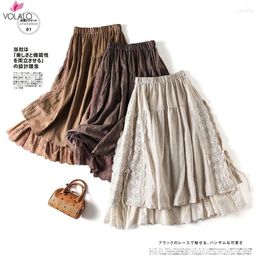 Skirts VOLALO Chic Embroidery Linen Cotton Long Women Summer Elastic High Waist Pleated Maxi Skirt Female Elegant A-Line