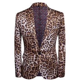 Fashion Leopard Print Blazer Jacket Men One Button Slim Fit Nightclub Bar Suit Blazer Male Stage Singer Rock and Roll Costumes 222c