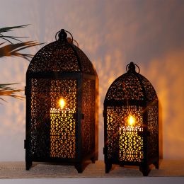 Candles 2Pcs Metal Candle Holder Black Candle Lantern Decorative Hanging Lantern with Hollow Pattern for Party Garden Indoors Outdoors