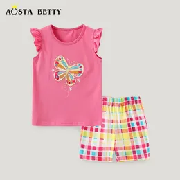 Clothing Sets Girls' Vest Set Summer Knitted Embroidery Children's T-shirt Cartoon Crew-neck Two-piece