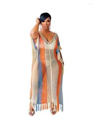 Casual Dresses WUHE Chic See-Through Knit Crochet Fringe Long Maxi Dress Women's Hollow Out Striped Beach Cover-Up Vacation Outfits