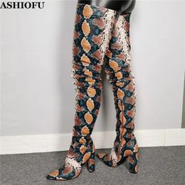 Boots ASHIOFU Handmade Women Chunky Heel Over Knee Real-pos Party Prom Sexy Thigh High Winter Club Evening Shoes