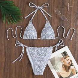 Women's Swimwear 2 Piece Floral Bikini Sets Smocked Halter Triangle Drawstring Tie Side Sexy Cute Swimsuits