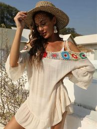 Women Beach Wear 2021 Summer Casual Women Off Shoulder Beach Dress Bikini Cover Ups Bathing Suit Crochet Loose Folds Fashion Swimwear Cover Up Y240504