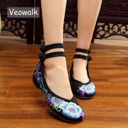 Boots Veowalk Vintage Women Cotton Flower Embroidery Shoes Ladies Casual Chinese Style Comfortable Soft Canvas Dance Ballets Ballerina