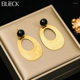 Dangle Earrings EILIECK 316L Stainless Steel Oval Tree Whorl Pattern For Women Fashion Black Stone Ear Jewelry Gift Party