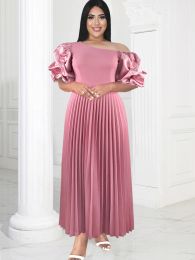 Dresses ONTINVA Cold Shoulder Dresses Plus Size Short Puff Sleeve Pink Empire A Line Pleated Prom Outfits for Ladies Event Party 3XL 4XL