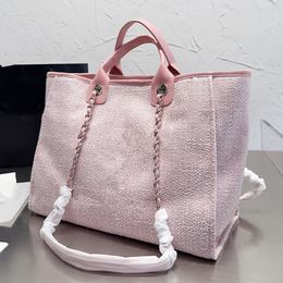 fashion canvas beach tote bag designer totes pink shoulder tote pearl decoration cc beach bags large capacity shopping travel sac designer women handbag beach bags