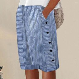 Women's Shorts Women Summer Striped Print Side Button Decor Straight Knee Length Elastic Waist Casual Daily Wear Lady Short Pants