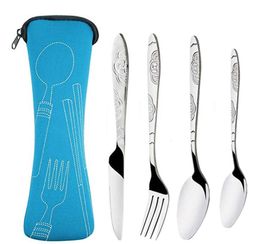 4Pcs Portable Stainless Steel Knifes Fork Spoon Set Family Travel Camping Cutlery Eyeful Fourpiece Dinnerware Set with Case1222247