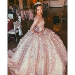 Elbiseler Quinceanera Kollu Uzun Altın Tül Gül Korse Arka Pullar Boncuklu El Yapımı Çiçekler Özel Yapım Prenses Tatlı 16 Pageant Balo Gown Vestidos