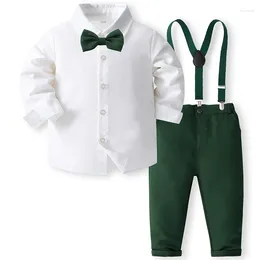 Clothing Sets 4Piece Spring Autumn Boys Korean Outfit Fashion Gentleman White Baby Tops Pants Tie Straps Kids Clothes BC1029-1