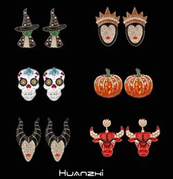 Stud HUANZHI Halloween Dripping Oil Zircon Pearl Pumpkin Skeleton Witch Stud Earring 2208268172307