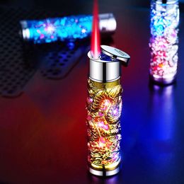Colourful Flash Cylindrical Refilled Gas Unfilled Windproof Lighter Relief Dragon Red Flame Men's Gift Lighter