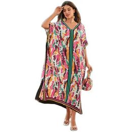 Women Beach Wear Women Colourful Tie-dye Loose Cover-ups V Neck Pullover Bikini Coverall Split Hem Smock Female Casual Beach Sun Protective Robe Y240504