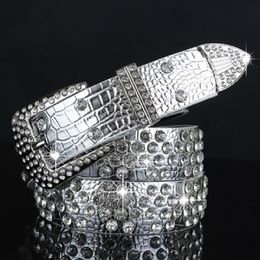 New fashion luxury designer diamond zircon silver leather belt for female women girls 110cm 3 6 ft pin buckle 267Z