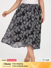 Skirts Plus Sized Clothing Women Black Floral Elastic Waist Skirt Spring Summer Slim Long A-Line Flower Ladies