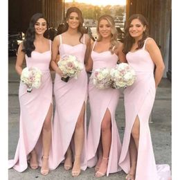 2021 Light Pink Bridesmaid Dresses Spaghetti Straps Chiffon Sheath Side Slit Pleats Custom Made Sweep Train Maid Of Honor Gown Beach Wedding