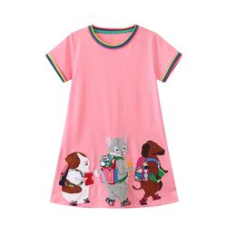 Jumping Metres 28T School Princess Girls Dresses Animals Applique Summer Short Sleeve Baby Clothes Birthday Frocks Costume 240428